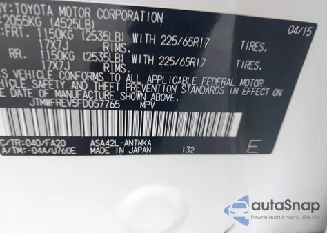 2015 Toyota Rav4 Xle from USA, damaged, VIN JTMWFREV5FD057765